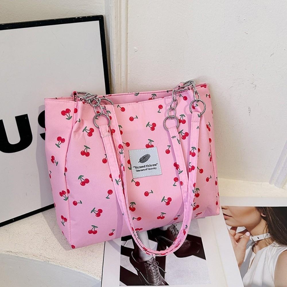 New Large Capacity Tote Bag Cherry-print Lightweight Shoulder Bag Zipper Handbag Girls