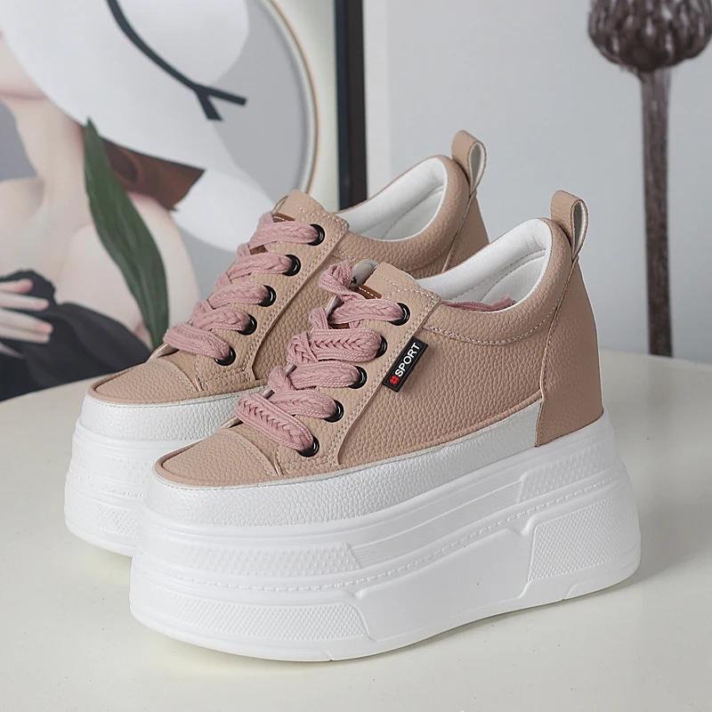 Fashion 12CM Cow Genuine Leather Women Skate Boarding High Brand Chunky Sneaker Casual Vulcanized Shoes Platform Wedge Stable Shoes