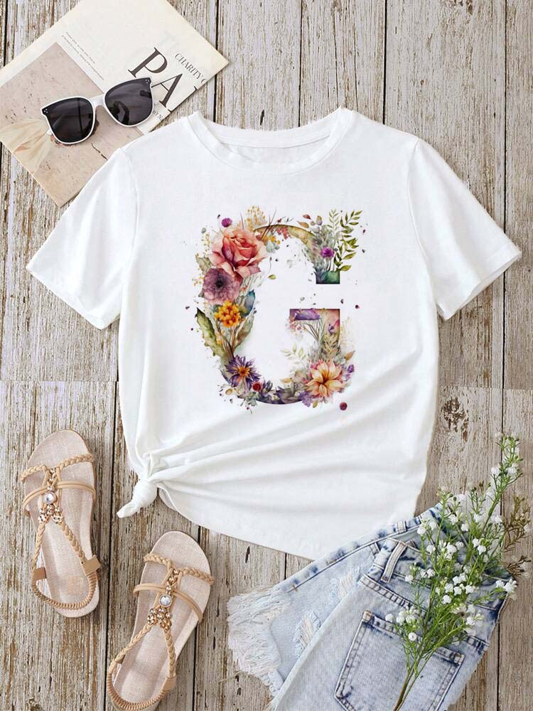 Custom Name Letter Combination Fashion Women T-shirt Floral Letter Font A B C D E F G Short Sleeve Tops White T-shirt