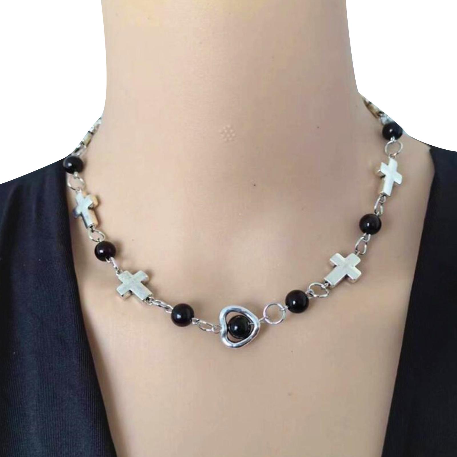 

Women s Fashion Necklace with Pearls Bead Stylish Beaded Necklace Jewelry Delicate Crosses Heart Neckchain Ornament чёрный