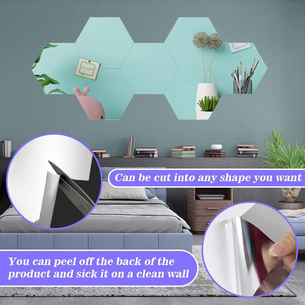 YVPSI 6 PCS 8''x6'' Self Adhesive Acrylic Mirror Tiles Small Frameless Mirrors Flexible Mirror Sheets Wall Stickers Non Glass Mirror Panels for
