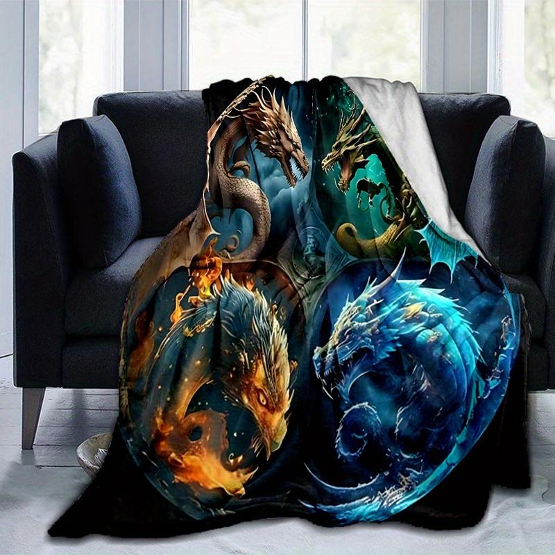 1pc Composition of Fire Water Earth and Air Dragons Blanket  Soft Throw for Home Decor, Gift Idea, Living Room, Travel, Camping, Car Blankets