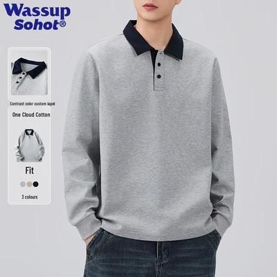 Wassup Sohot Men's Solid Color Lapel Pullover Sweatshirt