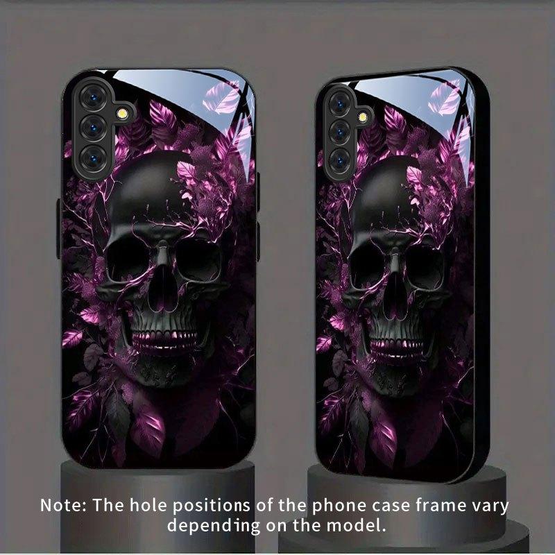 Purple leaf black skull pattern glass phone case suitable for Samsung Galaxy S26 S25 S24 S22 S21 S20 FE/Ultra/Plus anti fall