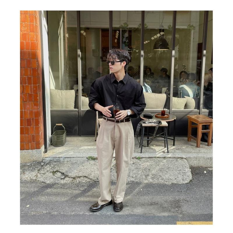 Men Loose Straight Double Pleated Casual Workwear Suit Long Trousers