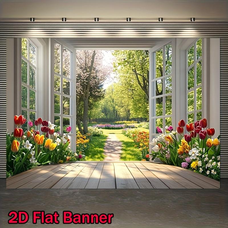 2D plane 1 piece spring garden tulip and tree window view background fabric modern living room home decoration