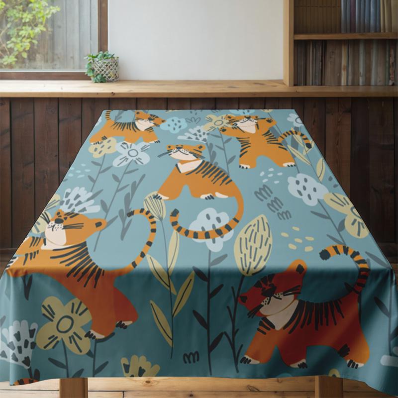 Vibrant Tiger Floral Dining Tablecloth Home Decor with Blue, Yellow, Orange Colors Trees Design 108x72in/274x183cm Fabric Table