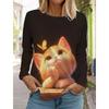 Cute Cat Women's Long Sleeves T-Shirt Round Neck Autumn Animal Clothing Holiday Fashion Party Top