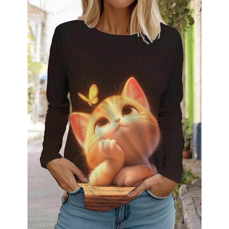 Cute Cat Women's Long Sleeves T-Shirt Round Neck Autumn Animal Clothing Holiday Fashion Party Top