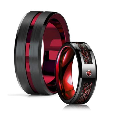 Moda 8mm Uomo Scanalatura rossa Bordo smussato Anello in acciaio inossidabile con drago celtico Anello con zircone intarsio Anello in fibra di carbonio rosso Fede nuziale da uomo