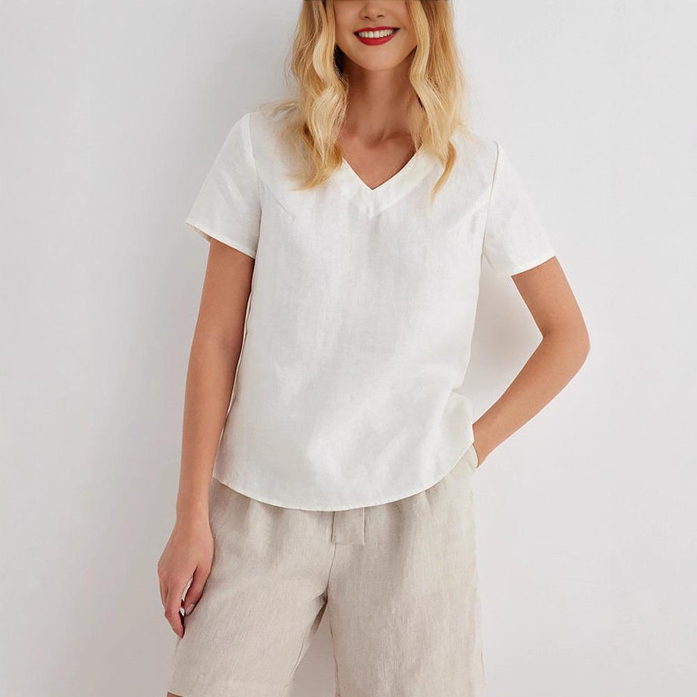 [Clearance and leak picking] s pure linen T-shirt simple solid color V-neck spring summer versatile cotton and linen T-shirt top women's clothing