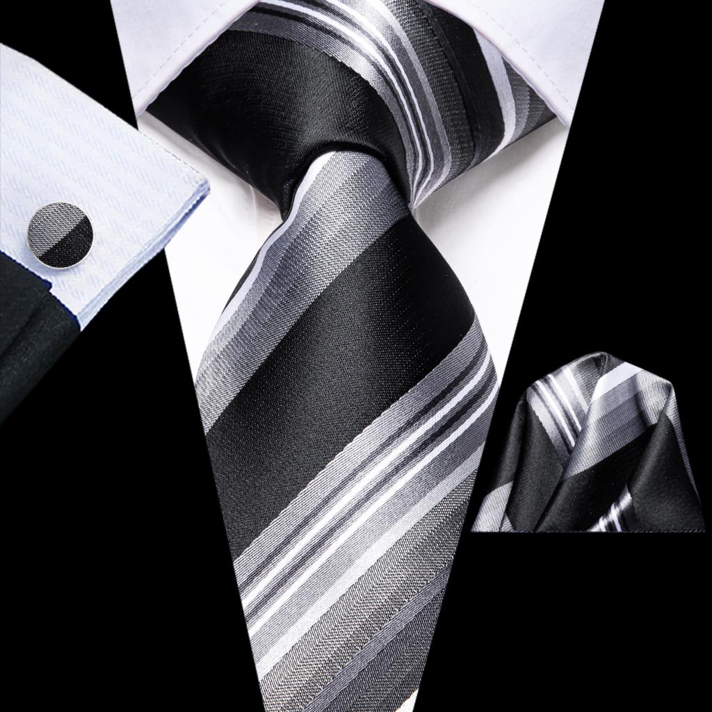 Hi-Tie Navy Blue Striped Silk Wedding Tie For Men Fashion Design Gift Men Necktie Hanky Cufflink Set Business Party Dropshiping