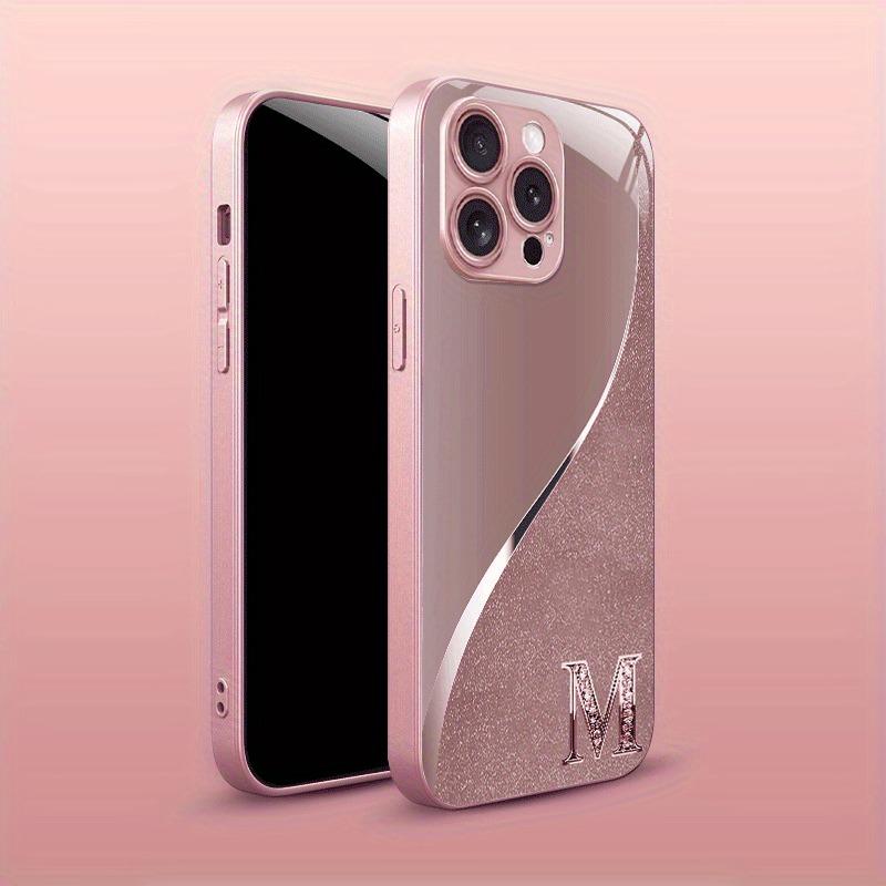 Pink Diamond Letter Pattern Pink Metallic Paint Glass Phone Case For iPhone 17Air 16 15 17 Pro Max 11 12 13 14 Plus 16E Cover