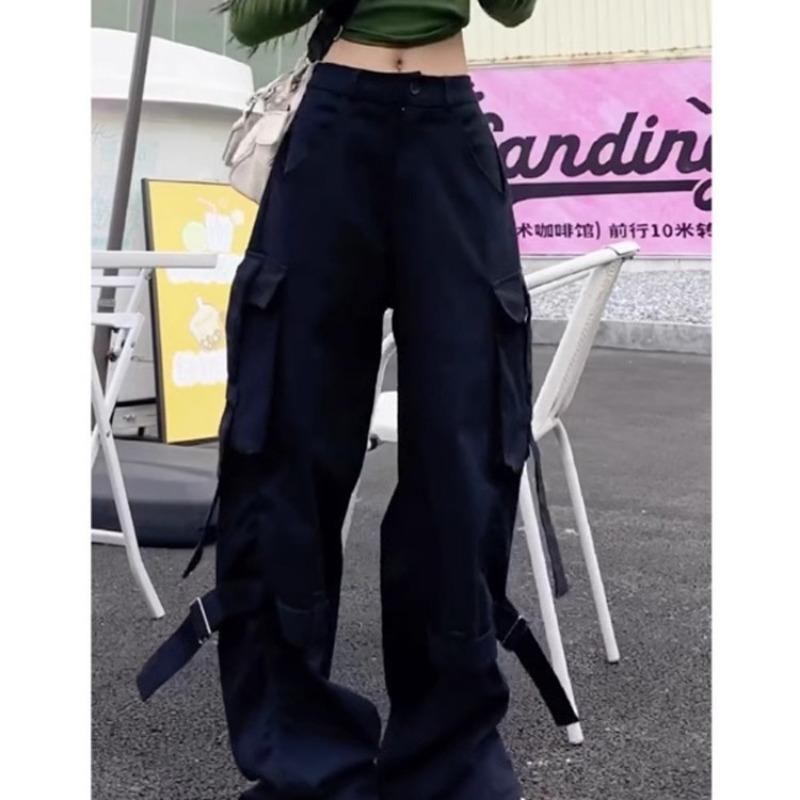 Spring Autumn Hipster Loose Casual Pockets Cargo Pants Women Solid Color Fashion All-match Wide Leg Trousers