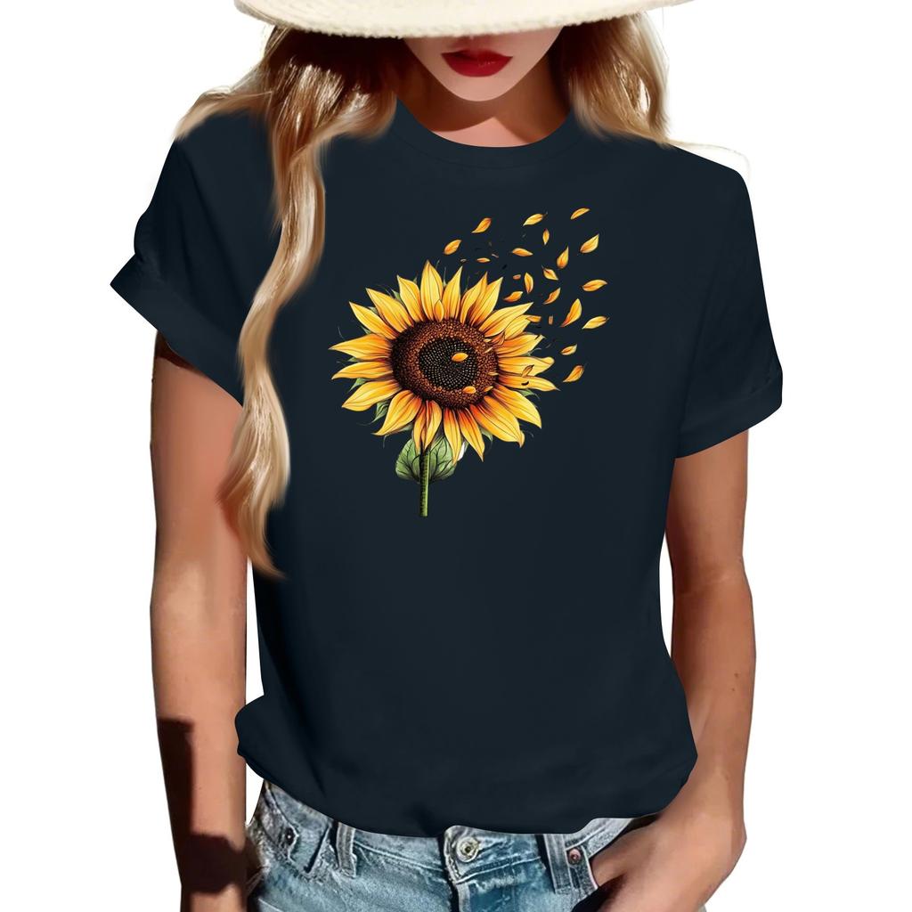 Women's Fashionable Round Neck Casual Retro Print Short Sleeved T-shirt Top