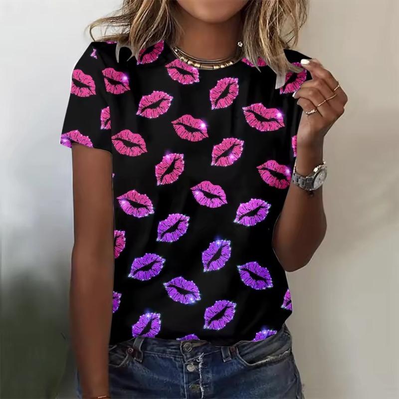 Women's T-shirt 3D Pattern Printed Casual Short Sleeved Love Pattern Printing O-Neck Top Fashionable Street Women's Clothing