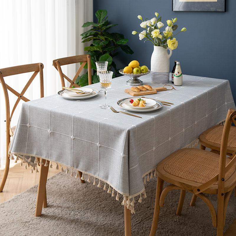Linen Cotton Embroidery Lattice Tablecloth,Rectangular Dustproof Tassels Table Cover,for Kitchen Dinning Coffee Table Decoration