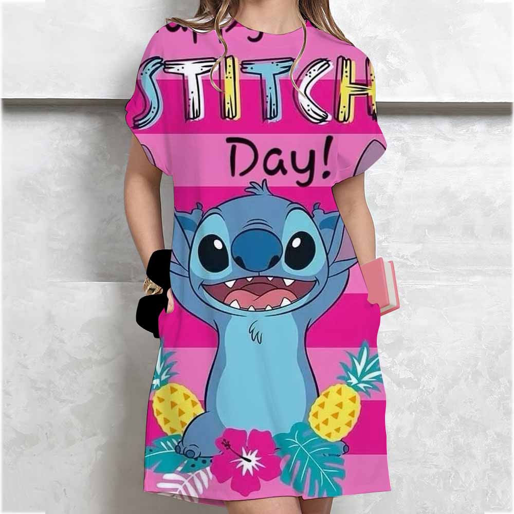 Damen Übergröße Sommer Disney Lilo&Stitch bedrucktes kurzärmeliges Rundhals Freizeit-T-Shirt-Kleid lässiges sexy Kleid lockeres Kleid S