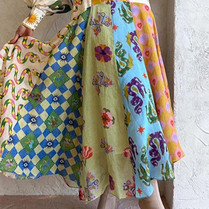 Frühlingssaison Damen Langarm Laternenärmel Print Kragen Tailliertes Kleid Knielang V-Ausschnitt Mode Y2K Kleid