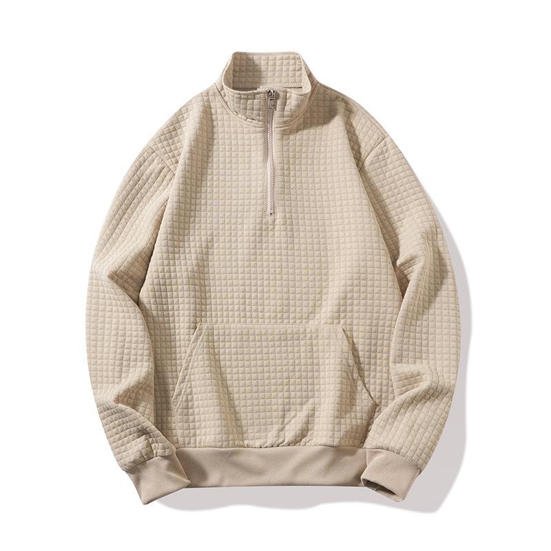 New Casual Solid Color Waffle Half-zip Pocket Long-sleeved Stand Collar Men's Sweatshirt