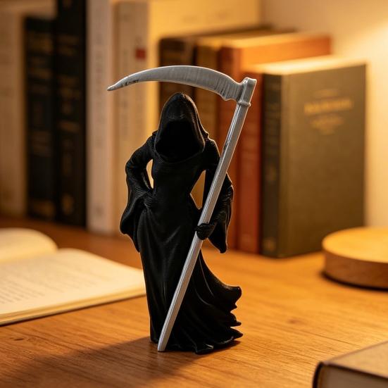 Estátua Gótica da Ceifeira com Foice Impressa em 3D Túnica Preta Figura de Rainha Escultura Misteriosa para Decoração de Mesa de Escritório em Casa Estante