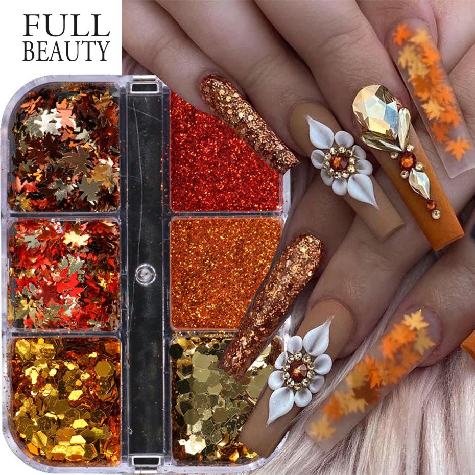 Nail Art Sequins 6-Gate Box Autumn Thanksgiving Maillard Color Symphony Maple Leaf Sequins Glitter