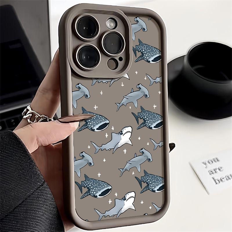 For iPhone 16 16E 15 Pro Max 14 Pro 13 12 11 Case Cartoon Shark Pattern Anti-Fall Matte TPU Lens Protection Shockproof Soft Phone Cover