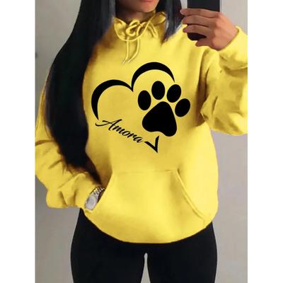Amore E Zampe Di Gatto Stampa Creativa Felpa Con Cappuccio Da Donna Moda Autunnale Felpa Con Cappuccio E Tasca Stile Sportivo Comoda