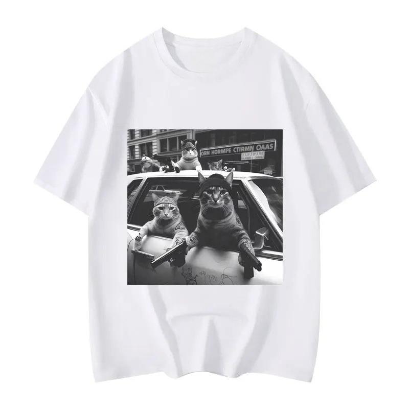 2025 Autumn and Winter American Men's and Women's Fun Cat Print T-shirt Pure Cotton Round Neck Comfortable High-quality T-shirt