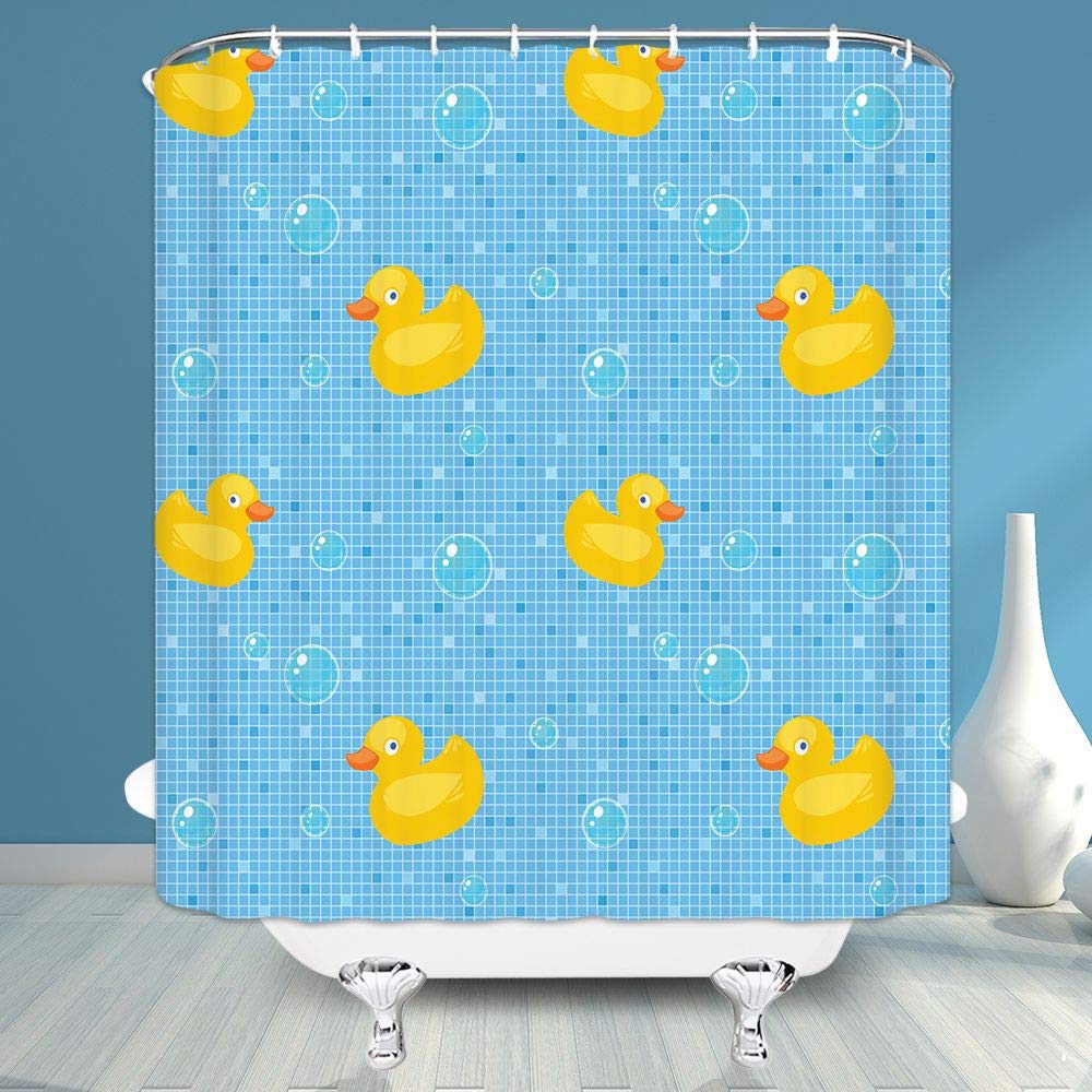 

Duck Shower Curtain Cartoon Character Taking A Bath Colorful Drops Backdrop Dots,Cloth Fabric Bathroom Curtains with Hooks W90xH180cm