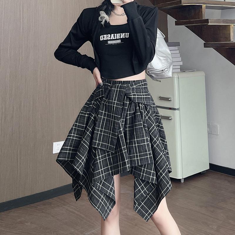 Irregular Retro Plaid Skirt Women's Summer New Thin Drape A-word Skirt High Waist Shirt Short Skirt