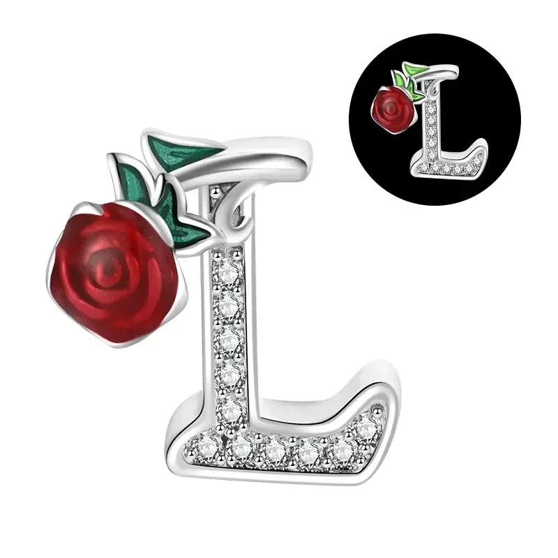 Copper 26 Letter A-Z Red Rose Charms Luminous Bead Fits Genuine Bracelets Do-It-Yourself Beautiful Jewellery Beautiful Gift For Women