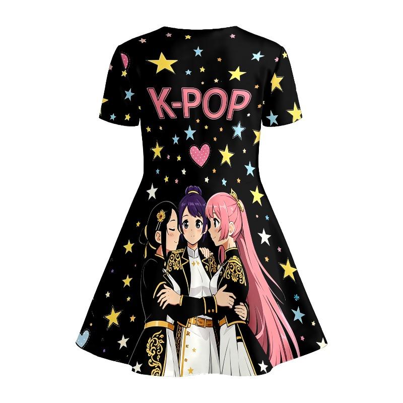 Mädchen K-POP Anime Idol Gruppe Bedrucktes T-Shirt Kleid, Geeignet für Fans und Kinder, Schwarzes Promi- und Herzförmiges Freizeitkleid