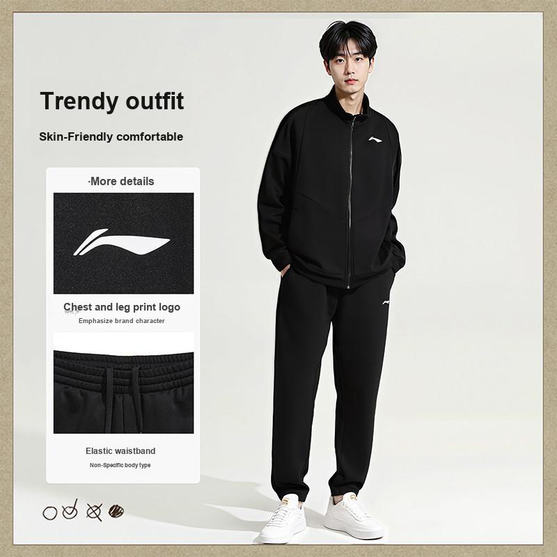 Li Ning Loose Fit Drop Shoulder Sweatshirt And Mid Waist Pants Casual Sports Set Men sweatshirt, pants Black AWEU041-1