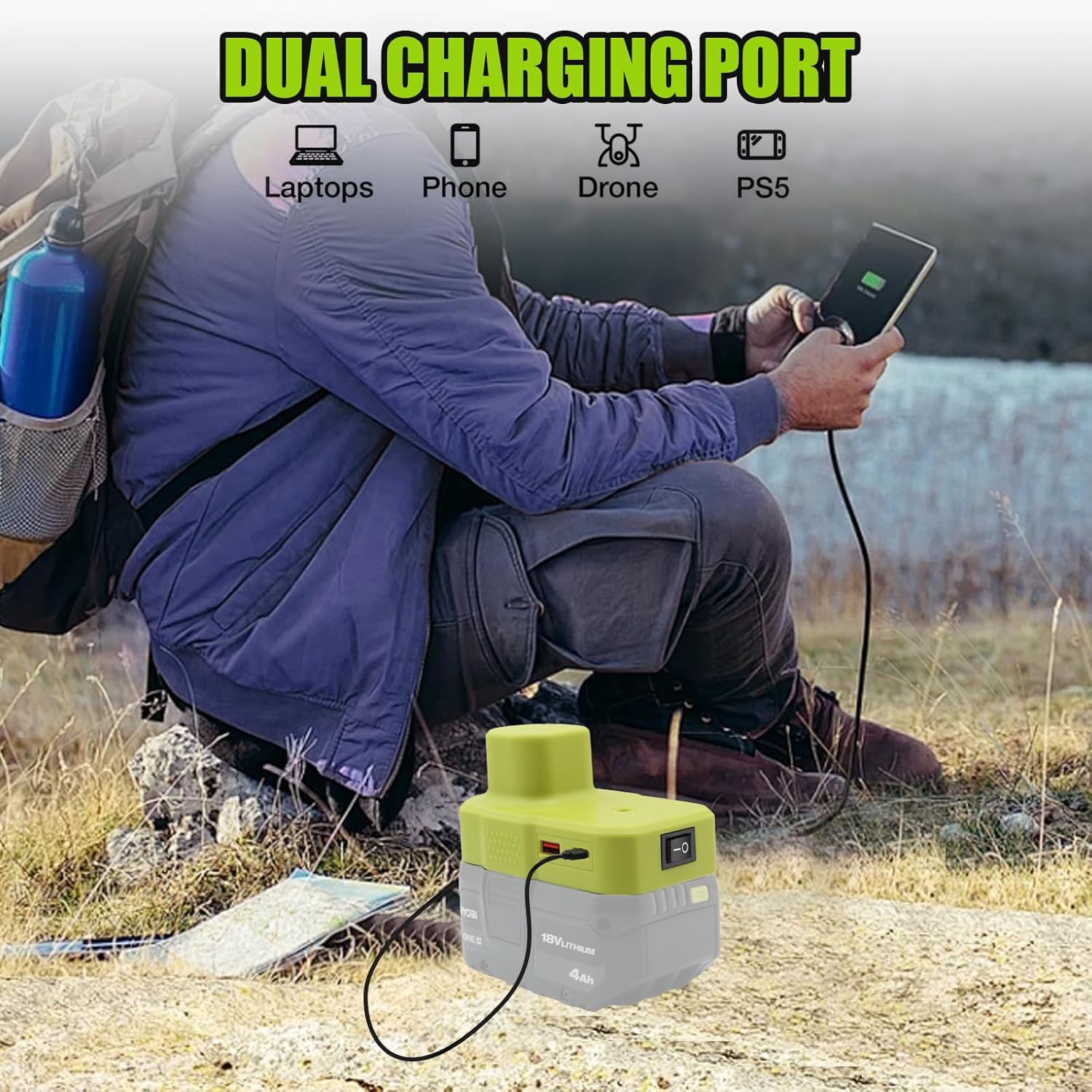 

Совместимость с Ryobi Power Inverter 18 В аккумуляторный адаптер с USB и портом Type C Источник питания Зарядное устройство Преобразователь для One+ P743 18 В P107 P108 1pack Battery Apater