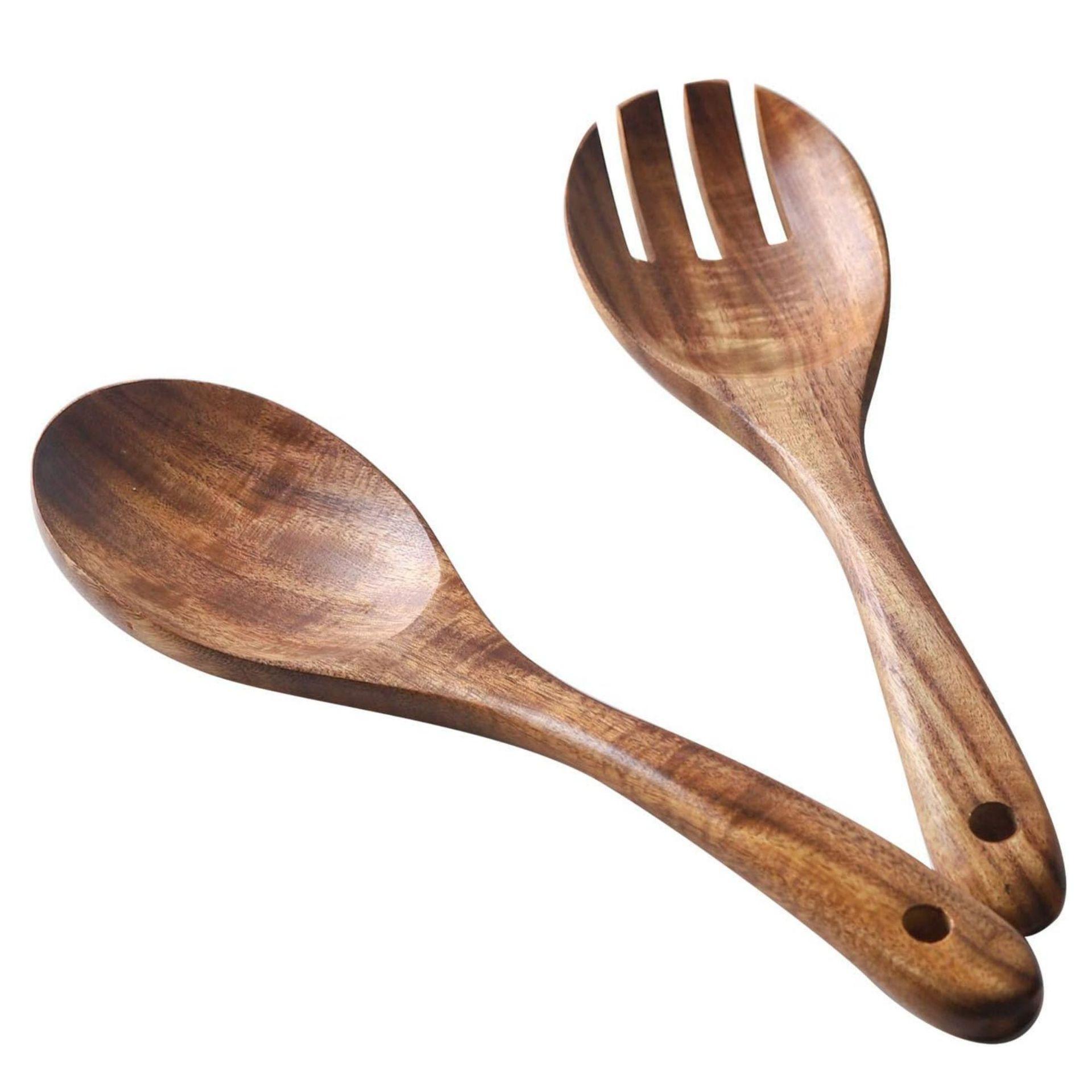 2Pcs/Set Acacia Wood Utensil Rice Spoon + Salad Fork Kitchen Tools (BPA Free, No FDA) A