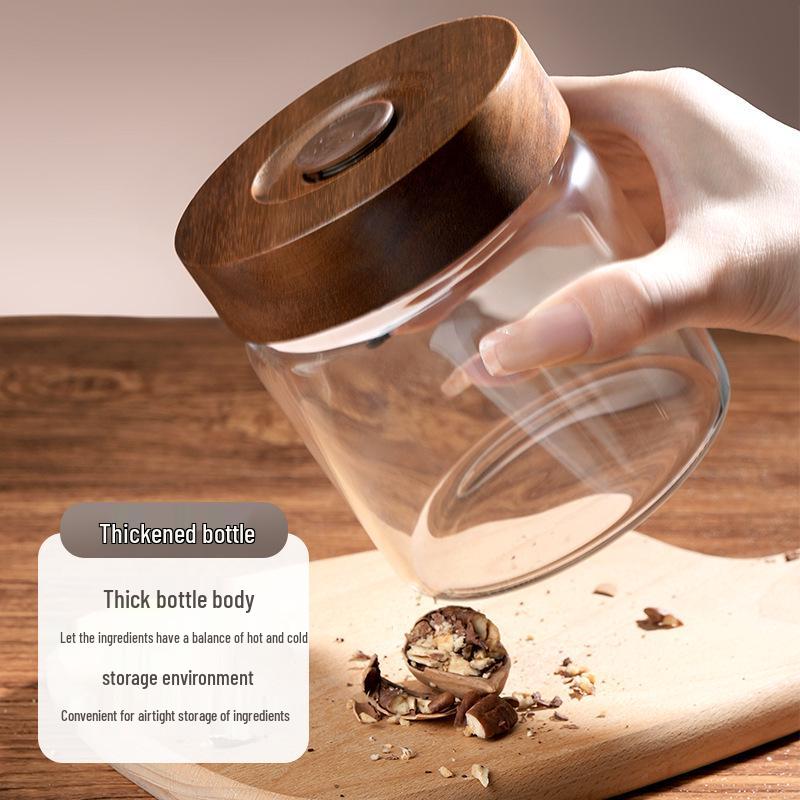 Glass Airtight Coffee Bean Jar with One-Way Vent and Wooden Lid for Food Storage and Preservation