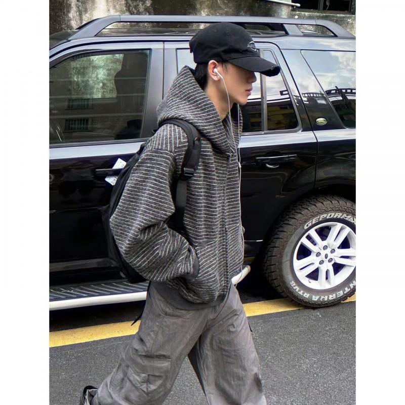 Unisex Striped Hooded Zip Sweatshirt Loose Fit Casual Couple Outerwear American Retro Style