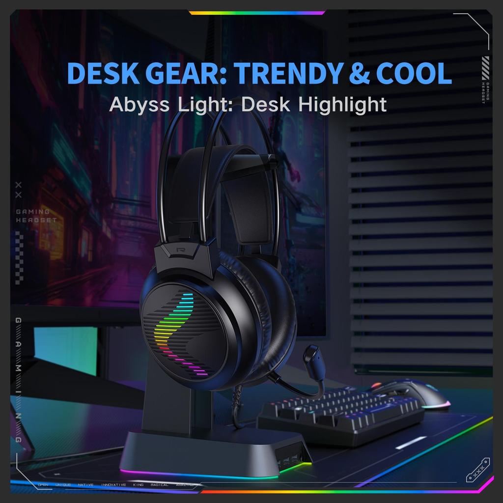 Wired Gaming Headset with RGB Light, 50mm Driver 360° Bendable Noise‑cancelling Mic 3.5mm USB Gaming Headphones for PC PS4 Xbox One