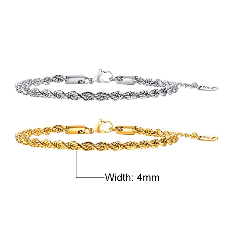 Vnox Unisex Rope Chain Bracelets for Men Women, Stainless Steel Twisted Links Chain Bracelet,Simple Classic Jewelry Gift for Him