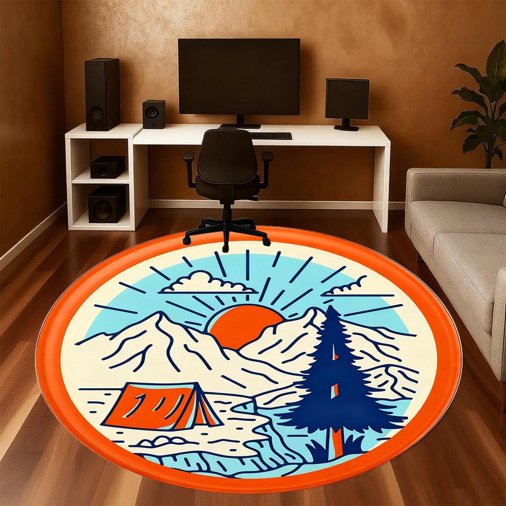 1pc Camping Mountain Round Chair mat office Area Rug - Non-Slip, Floor Mat for Office, Bedroom, Ideal home decor gift p0105049
