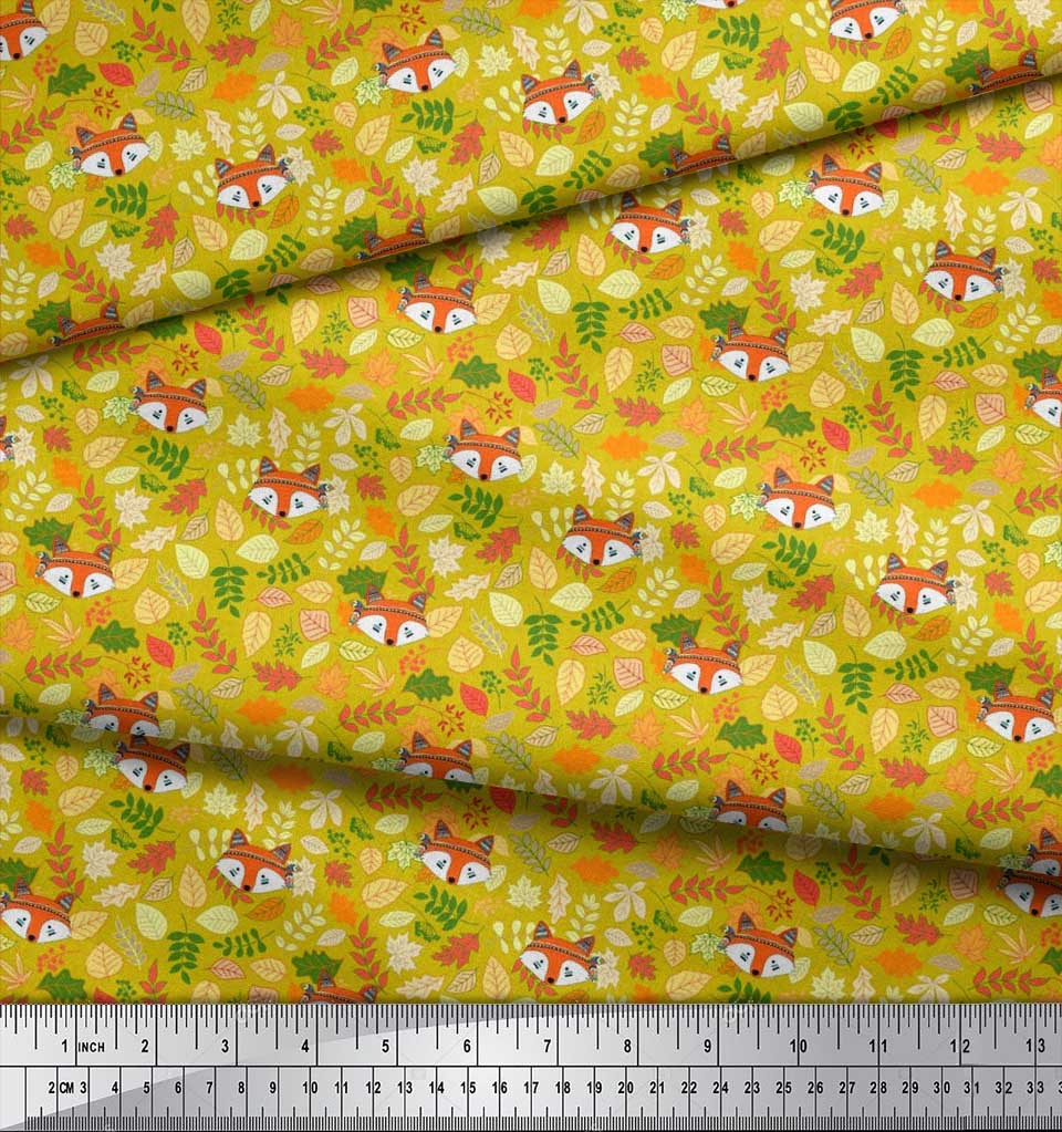 Soimoi Japan Crepe Satin Fabric Leaves & Fox Face Cartoon Printed Craft Fabric by the Metre 42 Inch