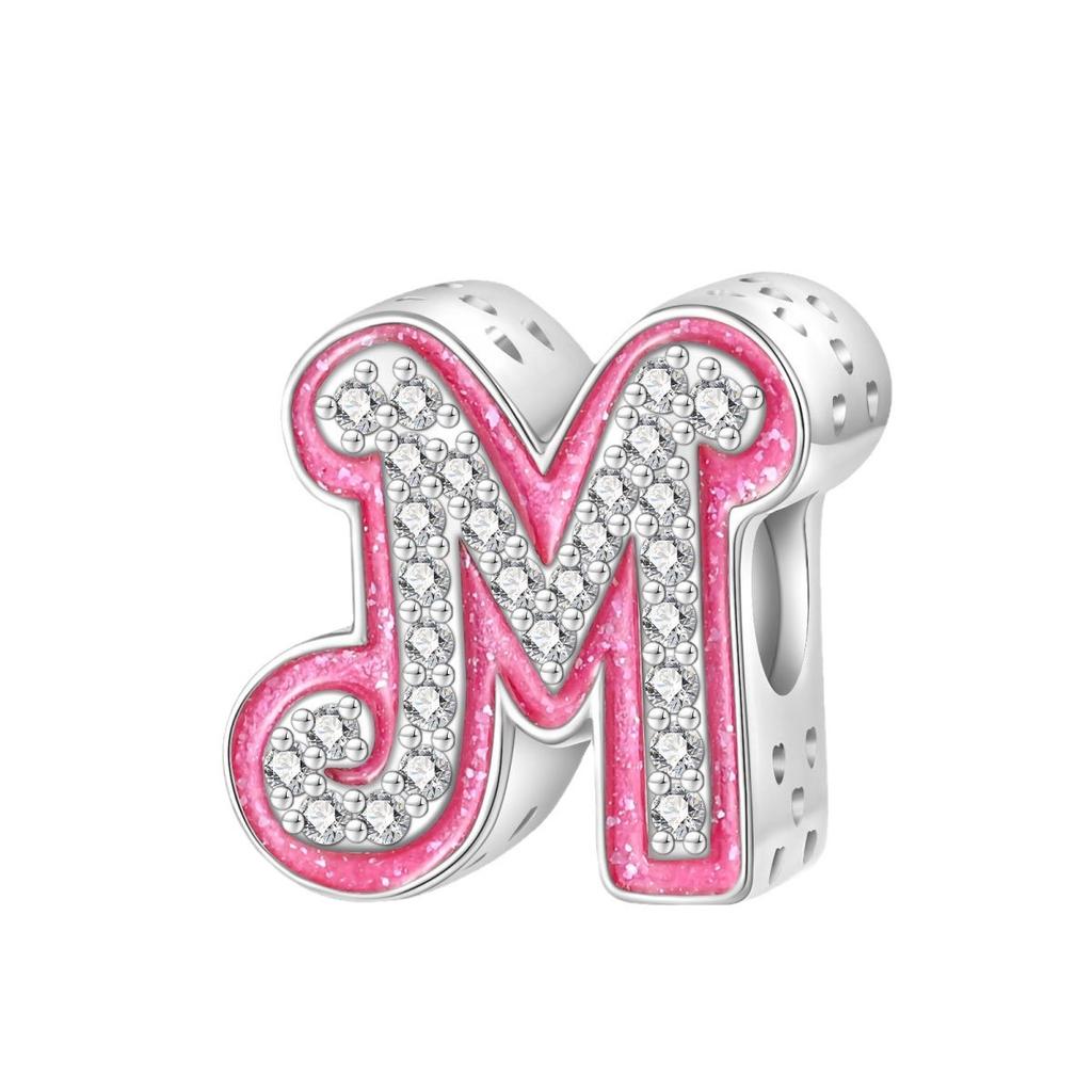 Pink Barbie Style Alphabet Bead Charms DIY Bracelet Jewelry Accessories 925 Silver