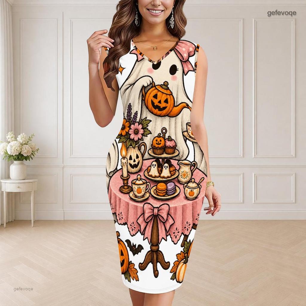 Women Plus Size V Neck Sleeveless Halloween Raccoon Print Bodycon Midi Dress