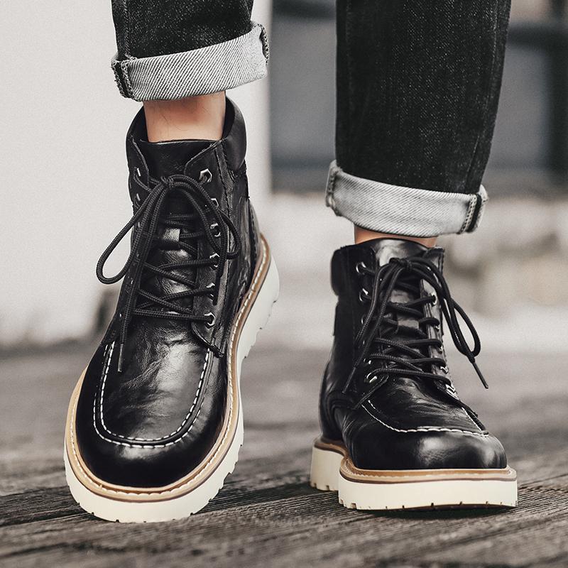 2024 Neue Herren Stiefeletten Schnürstiefel Einfarbig Belüftet Motorradstiefel Herren Winter Plüsch Schneestiefel Rutschfest Herren Freizeit Lederschuhe