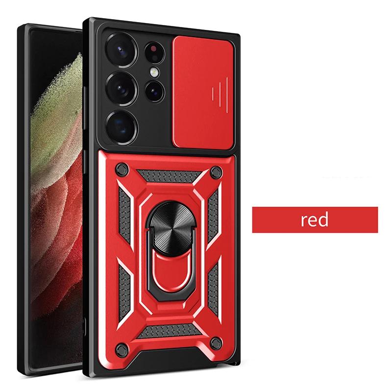 

Противоударный бронированный чехол для Samsung Galaxy S23 S20 S21 S22 S24 Ultra Plus FE с автомобильным магнитным держателем-кольцом и сдвижной крышкой для защиты объектива For Galaxy S24 красный