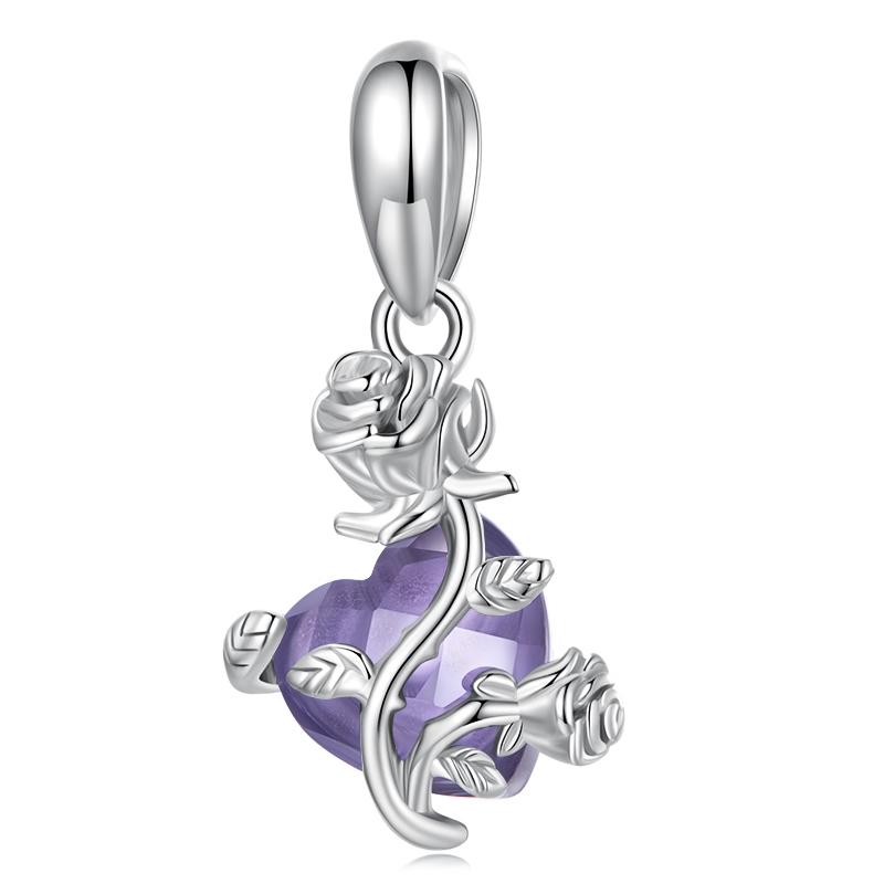 WOSTU 925 Sterling Silver Purple Crystal Lotus Charms Pearl Drop Pendant Retro Hollow Heart Bead Fit Original Bracelet Necklace
