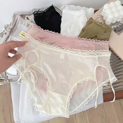 Pure Desire Style Lace Strap Underwear Women's Sexy Mid Waist Hollow Ice Silk Women's Triangle Panties