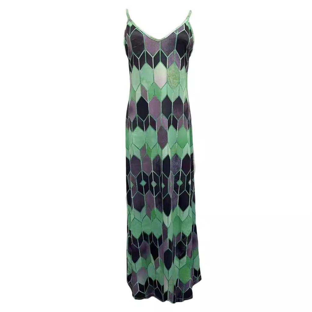 Womens Fashion Chic Argyle Print Spaghetti Strap Maxi Dress Summer Beachwear Vacation Dress Sleeveless Dress Strappy Dress Long Dress