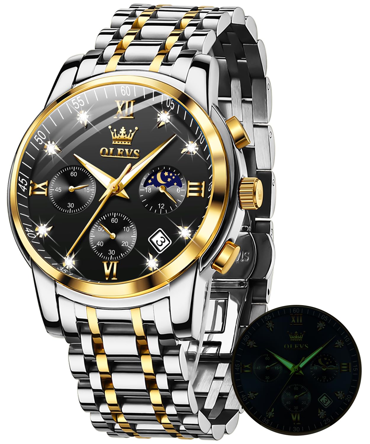 

Мужские кварцевые часы OLEVS с таймером, водонепроницаемые, с люминесцентной индикацией даты, из нержавеющей стали, с индикатором фазы Луны, простые и модные, черные
